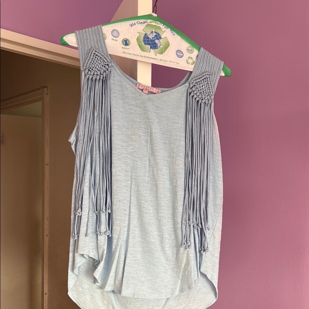 Light Blue Sleeveless Top with Fringe Detail